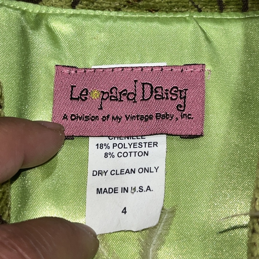 Leopard Daisy BEAUTIFUL Kids Brocade Floral Brown Green Coat Faux Feather Sz 4 - Picture 5 of 12